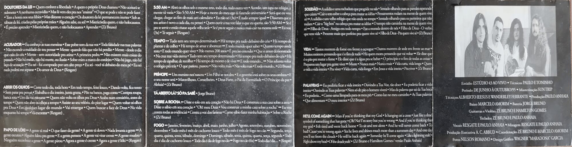 Parte interna do encarte do CD On the Rock, com letras, ficha técnica e agradecimentos